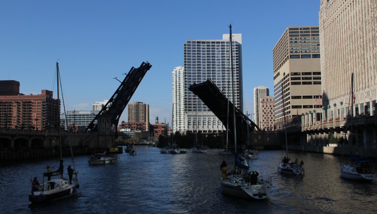 Raised Bridges on the Chicago River for the Autumn Migration of Yachts back to Winter Storage