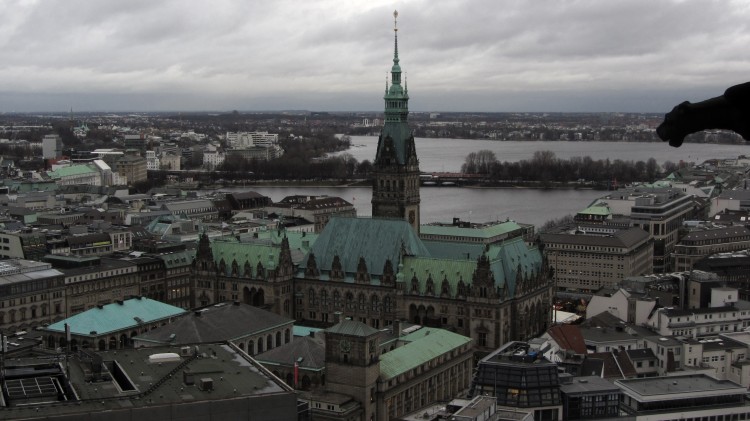 Hamburg Looking Across Rathaus and Elbe River from Mahnmal St. Nikolai Steeple
