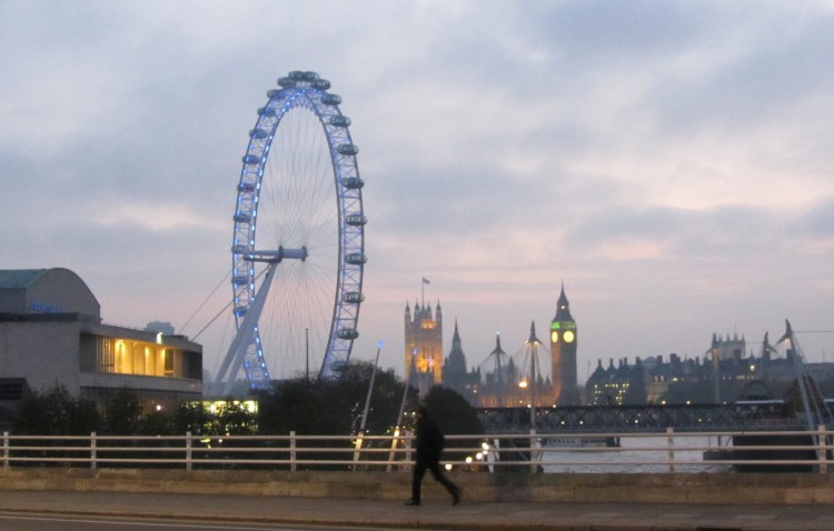 Sun Setting over the Thames, London Eye, and Houses of Parliament